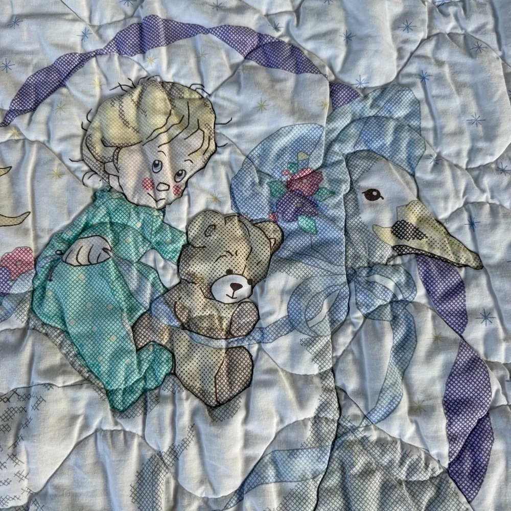 VTG Mother Goose Teddy Bear Satin Trim Quilted Crib Blanket Precious Memories?